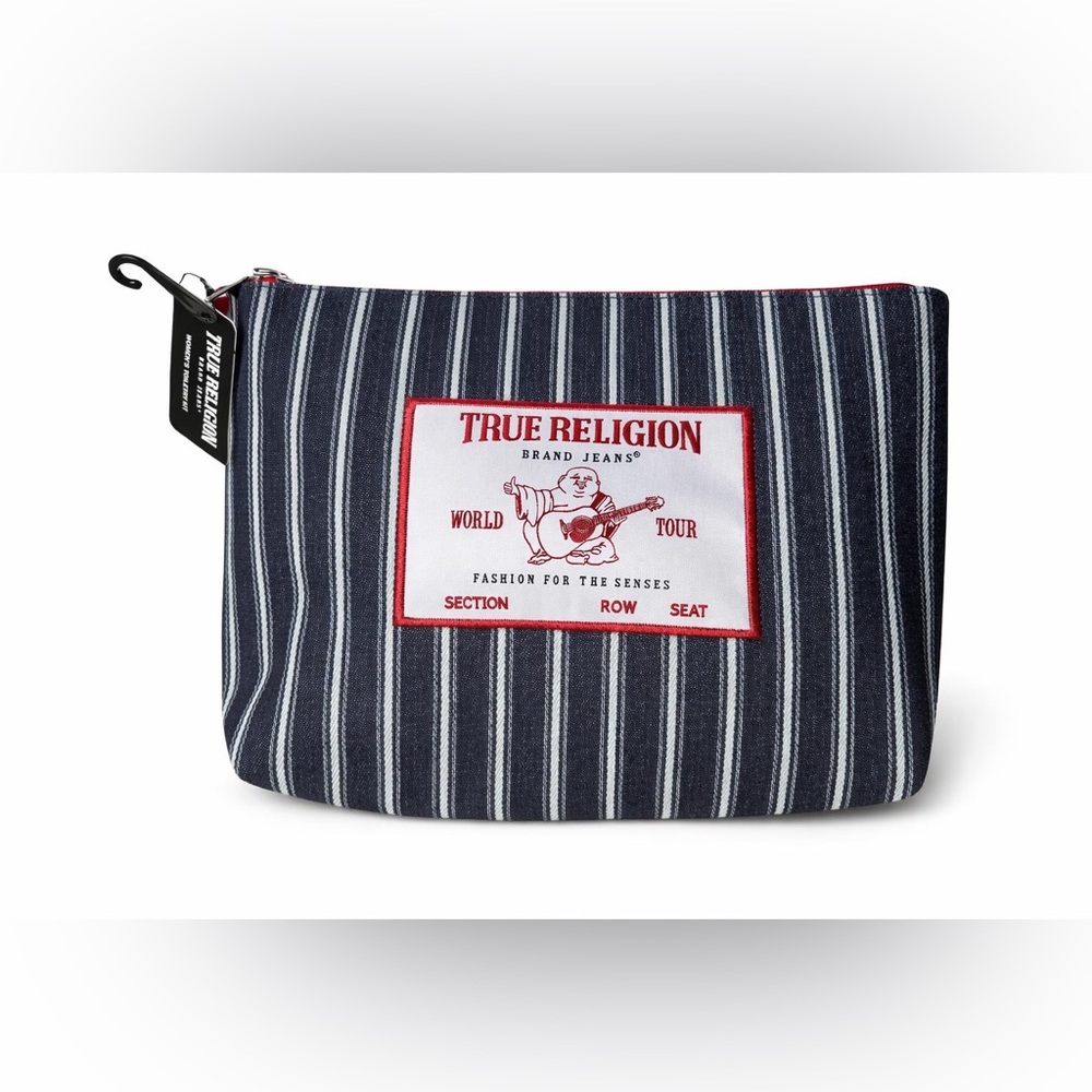 True Religion Men's Blue and White Striped Toiletry Bag